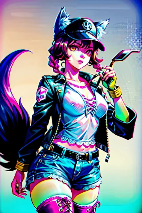 (best quality:2.0), (crisp:2.0), (highres:2.0), (((a rich yellow and pink gradient wolf tail:2.0))), anime, full body:2.0, (single image), (solo beautiful lady:2.0), (masterpiece:2.0), (detailed face:2.0), (detailed eyes:1.4), ((denim shorts:2.0)), ((thick...