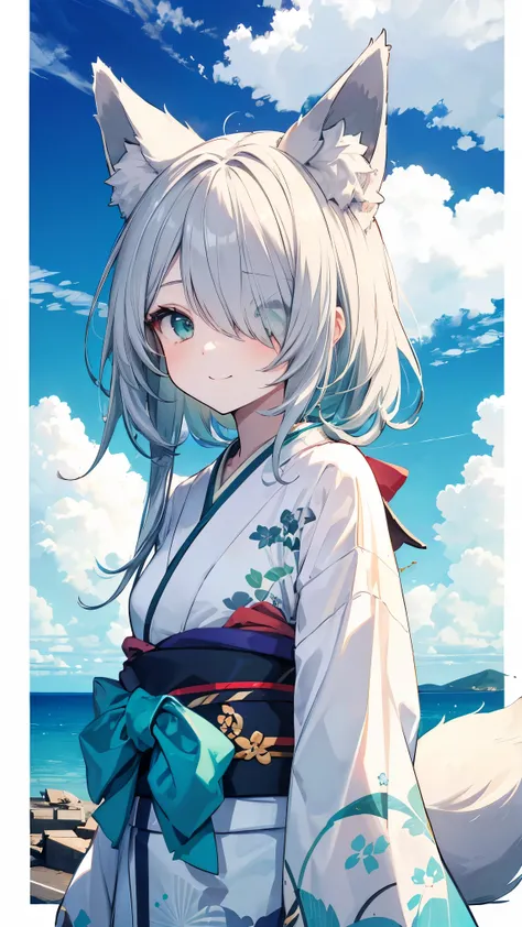  Gray Hair、 long hair、hair over one eye、summer、sea、Ruins、 low angle、Cumulonimbus、 slender、  cute pose、smile、  Cool Personality、  boyish、July、  kimono、 Fox Ears、fox tail、 high school girl、、masterpiece、masterpiece、 pale blue-green eyes、pale blue-green inner ...