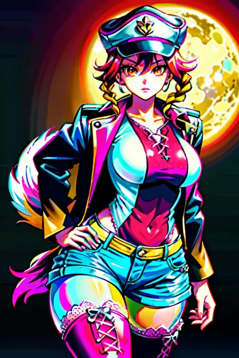 (best quality:2.0), (crisp:2.0), (highres:2.0), (((a rich yellow and pink gradient wolf tail:2.0))), anime, full body:2.0, (single image), (solo beautiful lady:2.0), (masterpiece:2.0), (detailed face:2.0), (detailed eyes:1.4), ((denim shorts:2.0)), ((thick...