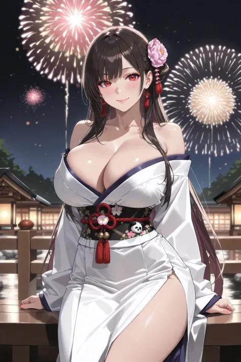 "A beautiful woman wearing a Japanese kimono,  long hair, thin waist, (((Big Breasts))),Smile、2D, cute, anime style, red eyes, detailed panda,  bun hair, (highest quality, 4K, 8k, high resolution, masterpiece:1.2), ultra detail, (realistic, photo-realistic...