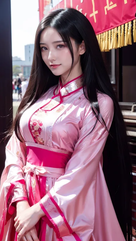     pretty woman,      black hair    ,     Long straight hair， Chinese woman ， pretty eyes ,    Smile,  actual , Full HD,    pink Chinese undershirt， Curved Body，Magnificent views ， gorgeous decoration ，Long gown，中国发髻