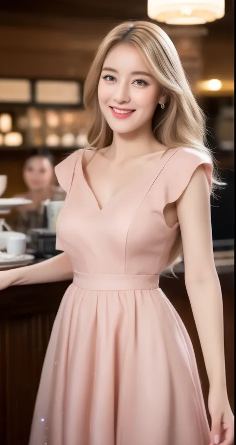 a beautiful woman on the caffe, nude long hair blonde, sleeping eyes, ((standing)), elegant hips, ((blush dress), elegant dress, (((blush dress))), take a photo from below, (((pocus pussy))), standing legs, (standing:1.5), extremely detailed, bar caffe loc...