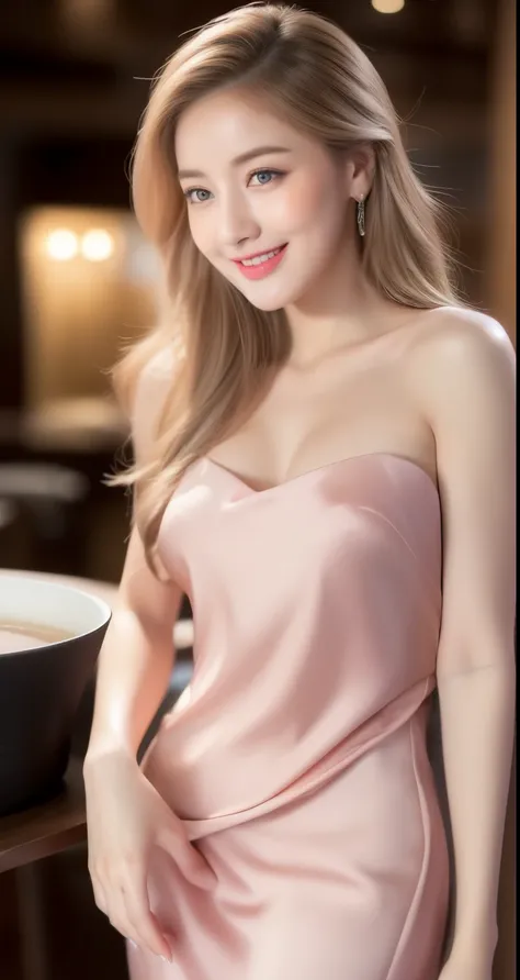 a beautiful woman on the caffe, nude long hair blonde, sleeping eyes, ((standing)), elegant hips, ((blush dress), elegant dress, (((blush dress))), take a photo from below, (((pocus pussy))), standing legs, (standing:1.5), extremely detailed, bar caffe loc...