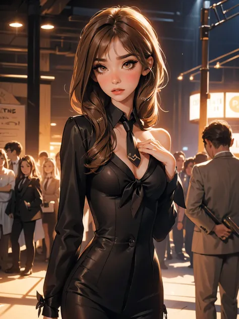 age girl-model 1, (only 1 girl),  beautiful, light brown hair, (shoulder length hair), , short glossy hair, pretty eyes, beautiful figure, beautiful long legs, , top quality, highest quality, pin-up style, (((suit and tie,))), , dark makeup,  small breasts...