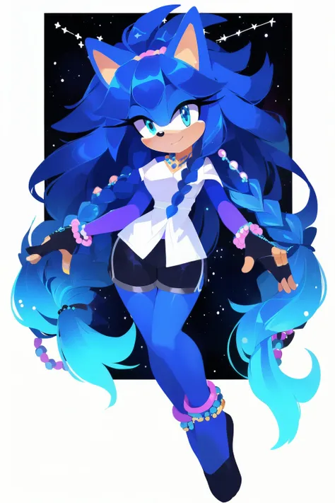 Sonic oc, Mobian, female, sonic the hedgehog but female, Cosmic hedgehog, A beautiful light blue hedgehog, purplish blue eyes, very long hair/quills, braided and beaded long hair bangs, long streaks of hair on each side of her face, (star constellation on ...