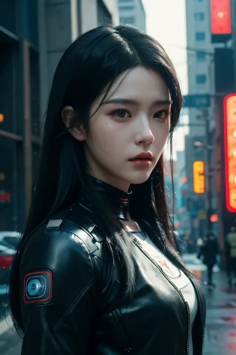 a woman, black hair, long hair, korean, cyberpunk, futuristic city, ((masterpiece)), ((best quality)), cyberpunk style, detroit become human style.