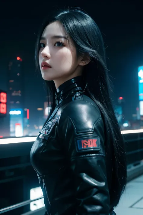 a woman, black hair, long hair, korean, cyberpunk, futuristic city, ((masterpiece)), ((best quality)), cyberpunk style, detroit become human style.