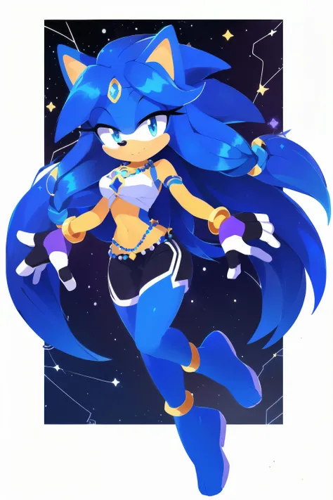 Sonic oc, Mobian, female, sonic the hedgehog but female, Cosmic hedgehog, A beautiful light blue hedgehog, purplish blue eyes, very long hair/quills, braided and beaded long hair bangs, long streaks of hair on each side of her face, (star constellation on ...