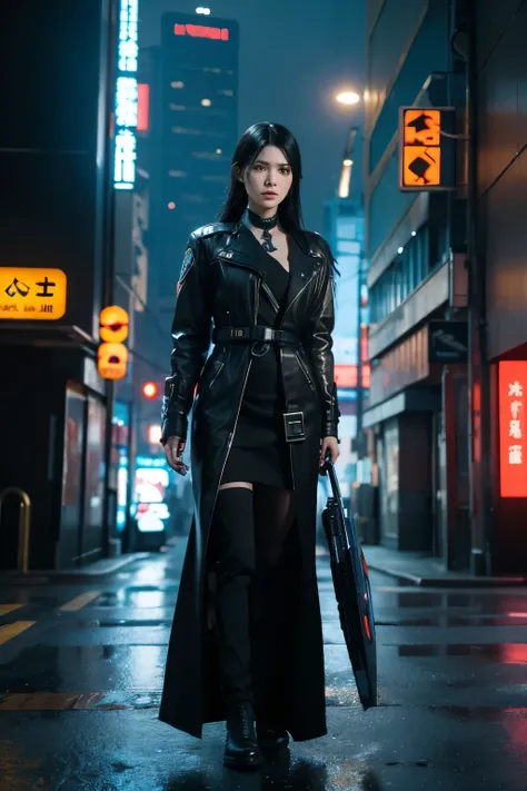 a woman, black hair, long hair, japanese, cyberpunk, futuristic city, ((masterpiece)), ((best quality)), cyberpunk style, detroit become human style.