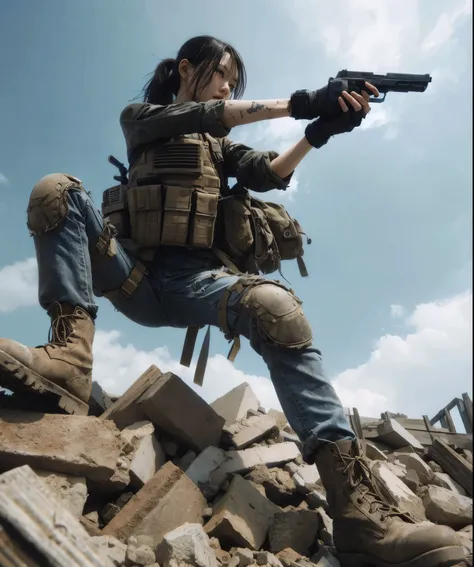 photorealistic、Realistic skin textures、A Japanese woman belonging to the military is standing、aiming with a gun、standing position、standing on rubble、Action poses with movement、Image from below、Dirty boots、Emotional Images