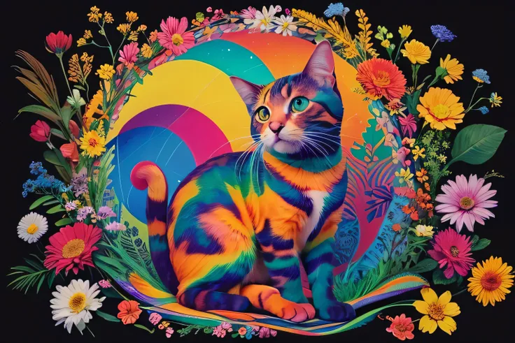 bright colored cat with flower background on black background,  David Rubin Jigsaw Puzzle , behance contest winner,   Psychedelic Art , , 8 k 4 k, Artistic 4k,  Extremely High Quality Artwork , 4K 8K, 4K 8K, High Quality Print , Detailed painting 4k, 8k Hi...