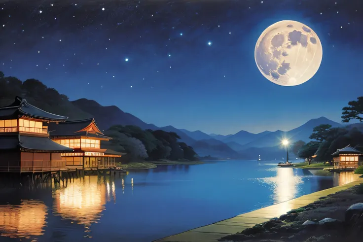  Kawase Hasui depicting a full moon and Japanese houses under moonlight ,  Art Station, ukiyo-e, Japanese art style, Japanese art, traditional Japanese art, Japan at Night,  traditional Japanese painting,  Landscape, old Japanese art, Japanese art art,  ni...