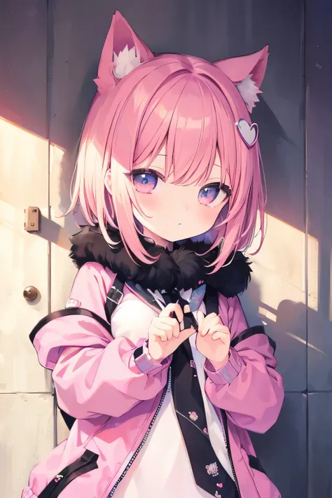 nsfw、   I'm looking for transparent pink short hair、   Oversized Jacket    、  Wearing a collar  、       I'm looking for an elementary school girl 、   small breasts、 so beautiful、  eyeliner 、Cat ears、((((( )))))、heart❤