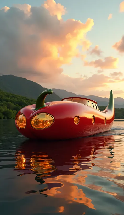 "A futuristic boat designed to resemble a giant red chili pepper, floating gracefully on a calm river. The boat has a sleek, glossy red surface with golden, circular windows along its sides, emitting a warm glow. Its roof features a green, curved chili ste...