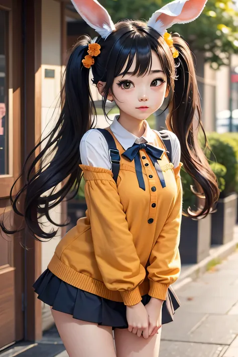  cute girl、 Twin Tails、 black hair、 rabbit ears、 orange clothes 、 BLUE SKIRT  