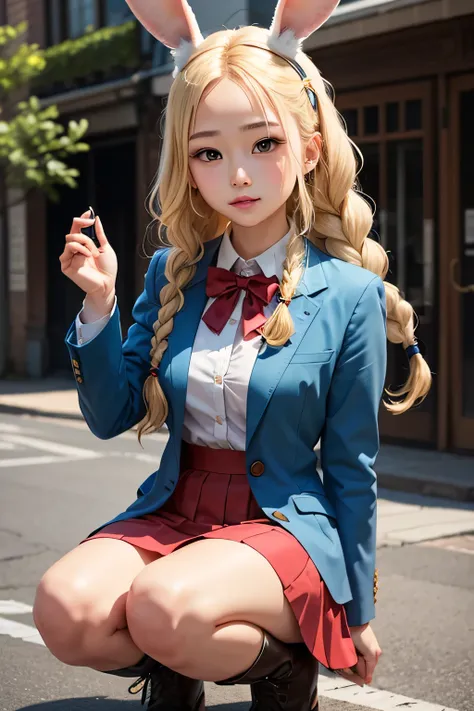  cute girl、 blonde、 braids、 rabbit ears、 white shirt、 blue blazer、 red skirt、Boots
