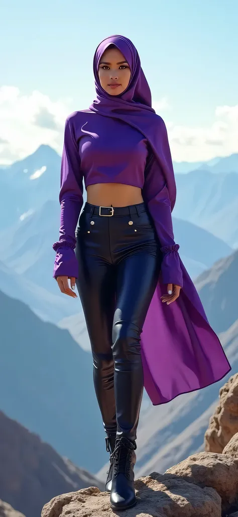 purple satin hijab, beatiful face, sexy, leather crop top, leather leggings, walking, purple heels, bright, on top of the mountain, full hd, 8k