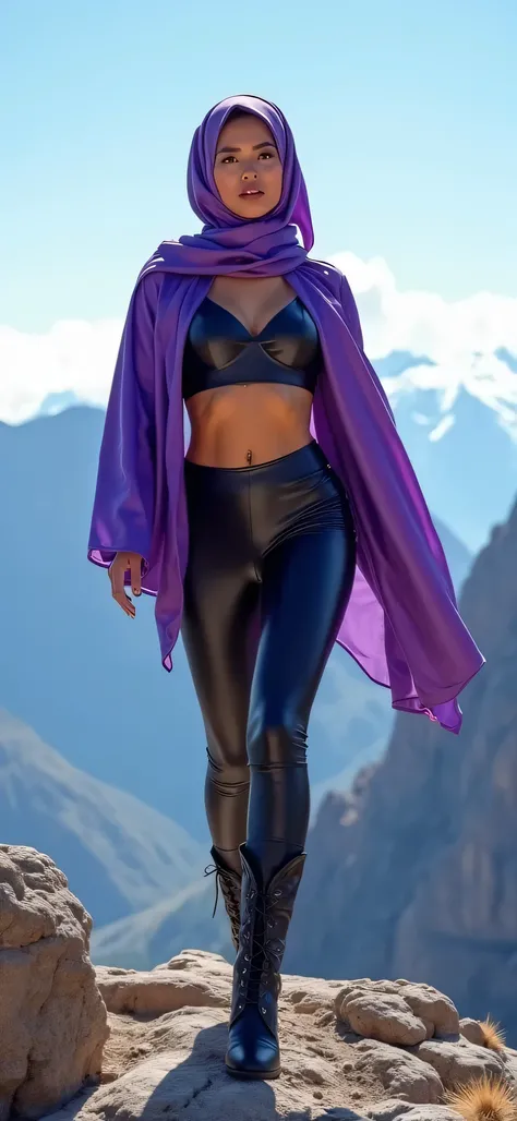 purple satin hijab, beatiful face, sexy, leather crop top, leather leggings, walking, purple heels, bright, on top of the mountain, full hd, 8k