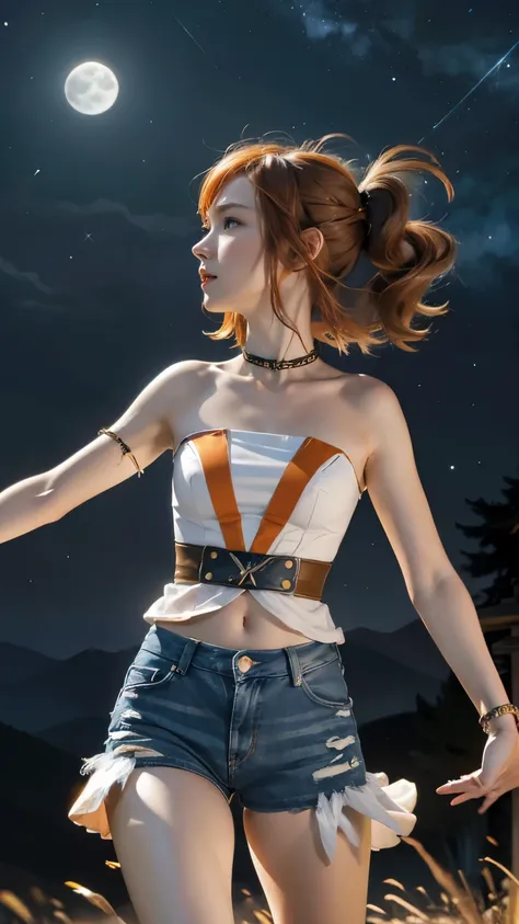 Astrid, strapless blouse,  short hair,  orange hair, collar,  slim body,  small bust,  in profile, jeans,  pretty legs, landscape, mountainous, Outstretched hand,  starry sky,  Full Moon,