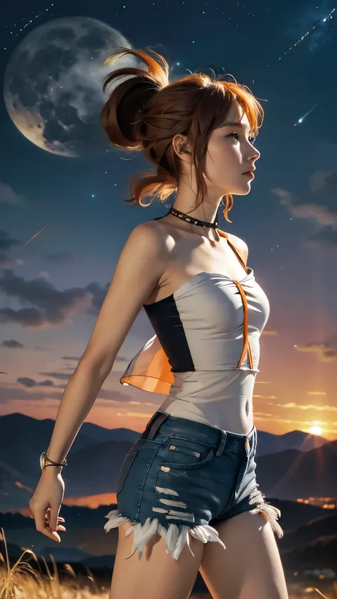 Astrid, strapless blouse,  short hair,  orange hair, collar,  slim body,  small bust,  in profile, jeans,  pretty legs, landscape, mountainous, Outstretched hand,  starry sky,  Full Moon,