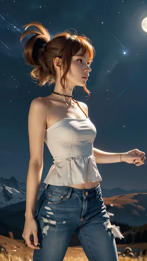 Astrid, strapless blouse,  short hair,  orange hair, collar,  slim body,  small bust,  in profile, jeans,  pretty legs, landscape, mountainous, Outstretched hand,  starry sky,  Full Moon,