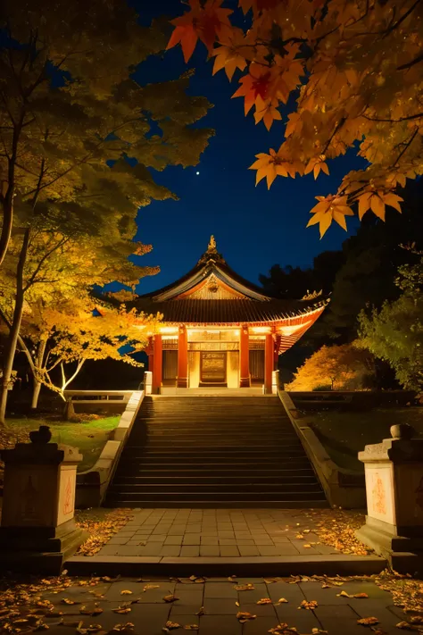 There is a temple and autumn leaves in the background at night, illuminated by lights