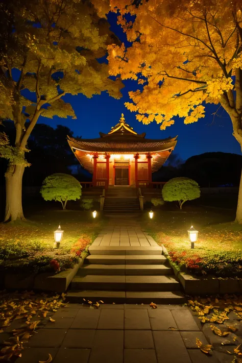 There is a temple and autumn leaves in the background at night, illuminated by lights