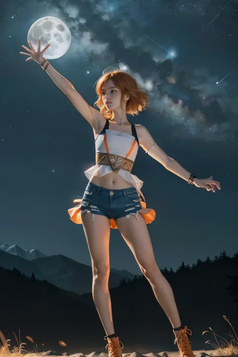 Astrid, strapless blouse,  short hair,  orange hair, collar,  slim body,  small bust,  full body, jeans,  pretty legs, landscape, mountainous, Outstretched hand,  starry sky,  Full Moon,