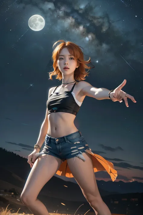 Astrid, strapless blouse,  short hair,  orange hair, collar,  slim body,  small bust,  full body, jeans,  pretty legs, landscape, mountainous, Outstretched hand,  starry sky,  Full Moon,