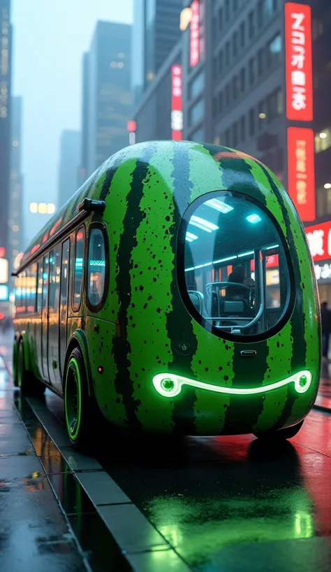 "A futuristic bus designed to look like a giant watermelon, driving  city . The bus has a smooth, curved body with the vibrant green and dark stripes of a watermelon rind. The front windshield is seamlessly integrated into the design, glowing with soft blu...