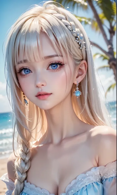 ((sfw: 1.4)), (( detailed face, cute face, detailed face, professional photography)), ((from side)), (( off-the-shoulder top)), (( Shiny platinum blonde silk hair, beautiful shiny bangs, big clear sky blue eyes, very beautiful bright eye highlights, earrin...