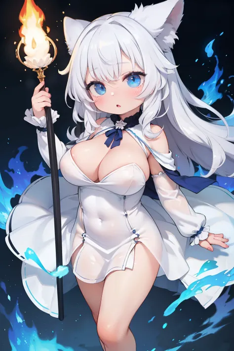  girl,  with long white hair,  blue eyes ,  with big breasts,  in a white dress ,  uses the magic of a blue-colored flame