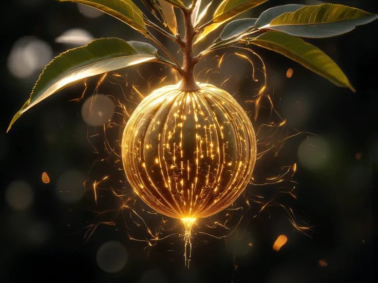  Golden Fruit, Beautiful pattern, on a branch, Nature, Magic Fruit, Golden Aura,  ละลายในนํ้า , black background, masterpiece, Very Detailed, morning sun, there is an electrical circuit pattern on the fruit peel