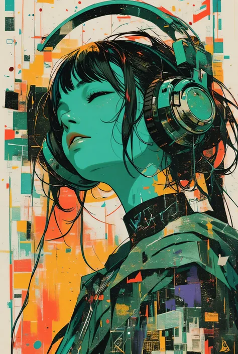    Long Shots、 full body esbian 、 a gamer wearing the most funky and punk headphones、Crazy Beautiful Woman  、She's on the phone in Virtual World、 emerald、white、   surreal  collage、a contemporary artistic  collage、 collage artwork、   New Album Jacket   、 gr...