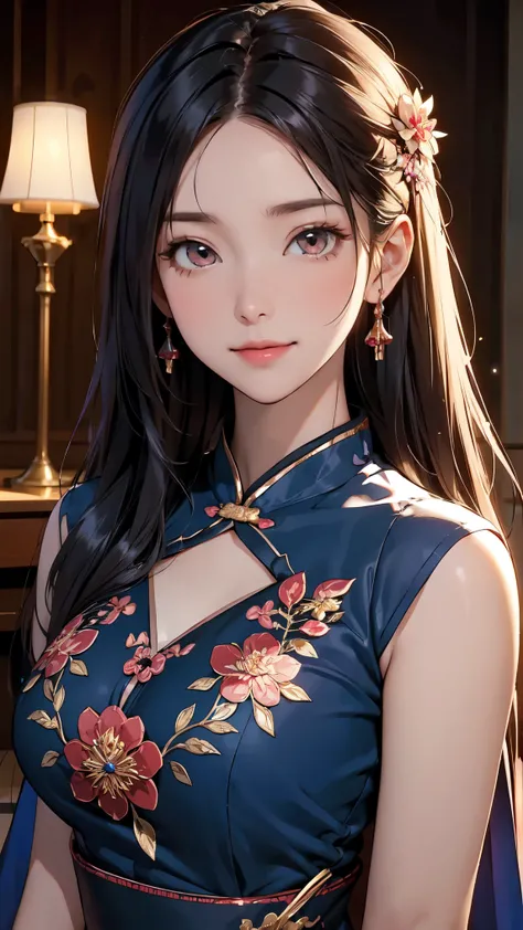 ( high quality,  high resolution, Fine details,  is present),  immoral woman in a Chinese dress, exquisite silk fabric , Intricate embroidery, Shining Beauty,  ebony hair flowing down , Graceful posture,  Intricate floral pattern ,  vibrant colors, Alone, ...