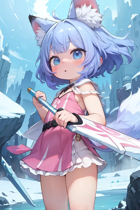 Fox girl with long pink and blue hair, Blue eyes, in a pink , uses the magic of ice swords