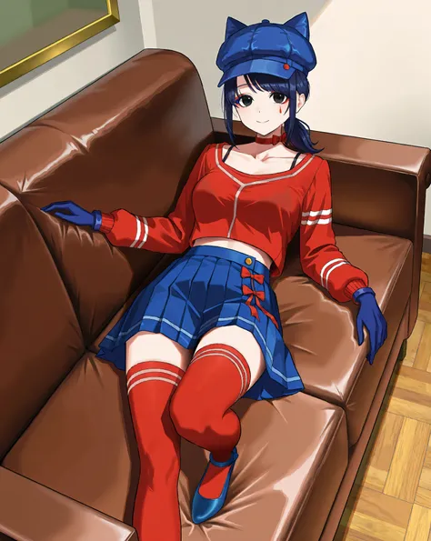 Cool Mita,solo,black eyes,blue hair,blue shoes,blue skirt,blue hat,side bangs,pleated skirt,blue gloves,red thighhighs,red sweater,low ponytail,long sleeves,cat hat,facial mark,red choker,animal hat,
collarbone,standing,side bangs,blue gloves,red thighhigh...