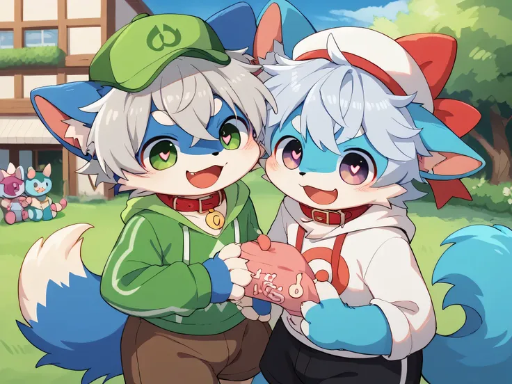  very detailedな, very detailed, blue fur gray hair,,male,骨を見てexcitedする, heart eyes,participate, red collar, green white and colored hat, cute face, fluffy fur like one,excitedする,Horny boy,garden,outside,Smiling face,Dropped ears, let's play with toys!,outs...