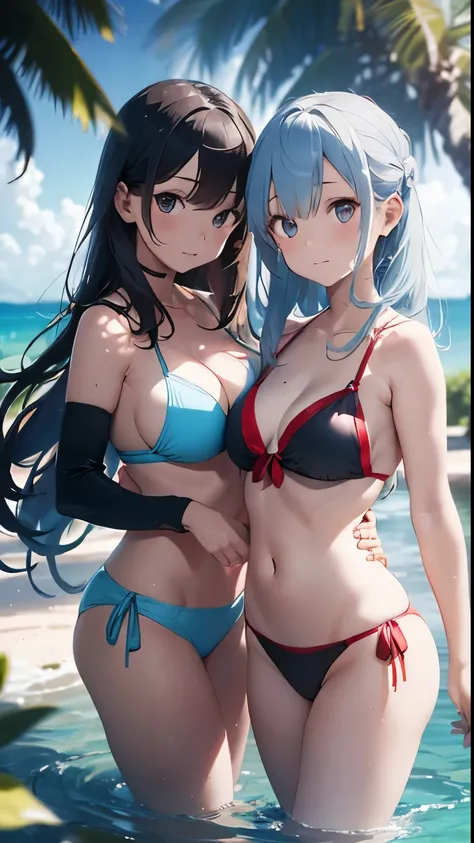 Two young and beautiful Japanese girls stand on the pristine sandy beach of a deserted island, wearing contrasting bikinis—one in a vibrant red bikini and the other in a pure white bikini. One has striking blue hair, while the other has shimmering silver h...