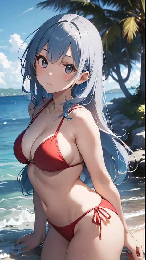 Two young and beautiful Japanese girls stand on the pristine sandy beach of a deserted island, wearing contrasting bikinis—one in a vibrant red bikini and the other in a pure white bikini. One has striking blue hair, while the other has shimmering silver h...