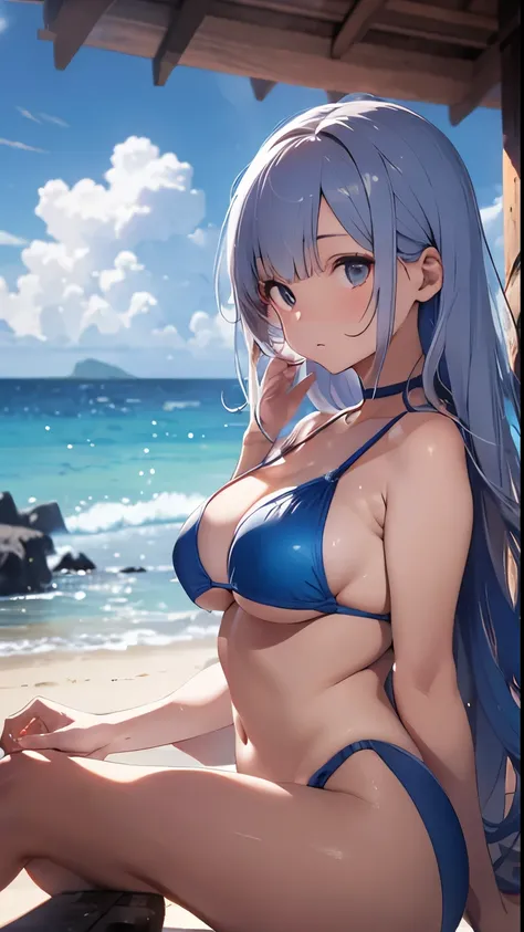 Two young and beautiful Japanese girls stand on the pristine sandy beach of a deserted island, wearing contrasting bikinis—one in a vibrant red bikini and the other in a pure white bikini. One has striking blue hair, while the other has shimmering silver h...