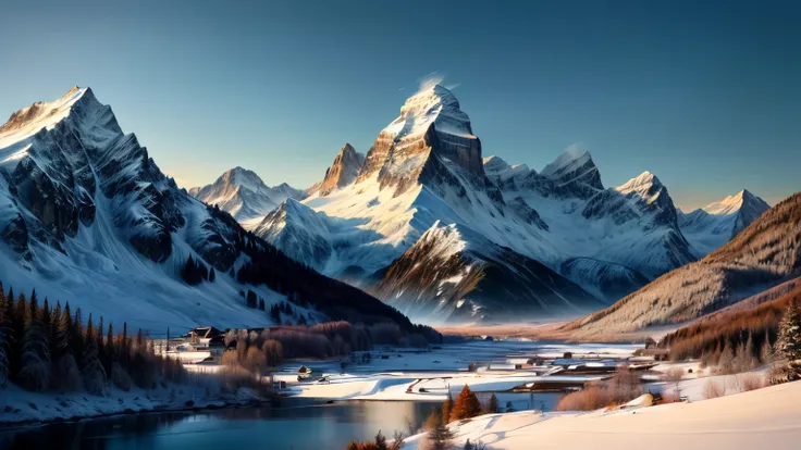 A snow-capped mountain々 and the lake in the foreground , The Alps, snowy mountains and ice , Chamonix , The Alpsの風景, The Alps気候, Mountains and Lakes, スイスThe Alps, snow-capped mountain 々, Beautiful mountain scenery, eye level medium shot by Alexander Ru...