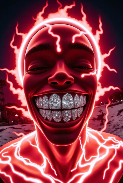 gr!llz, ,Ebony character enveloped in intense thick colored energy. Their face is obscured by the overwhelming thick glow::7.2 , large anime energy aura size 6 inches from body emphasizing the sheer power they are unleashing::6.4 .smiling into the camera,...