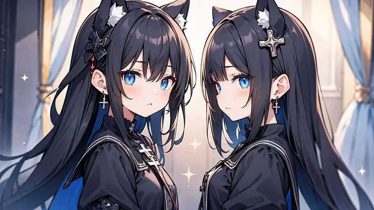  girl in gothic clothes、 black hair 、Holy Cross earrings in the ears 、 light blue sparkling eyes 