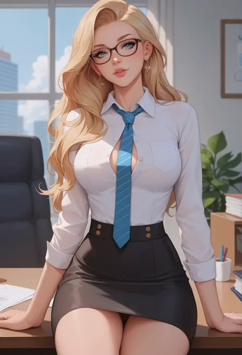 A beautiful blonde woman in her twenties. She is looking at the viewer with a soft expression. She has well-shaped lips, Azure eyes, and long blonde hair. She is wearing an office siren outfit (white button shirt, tie, and black skirt). glasses and earring...