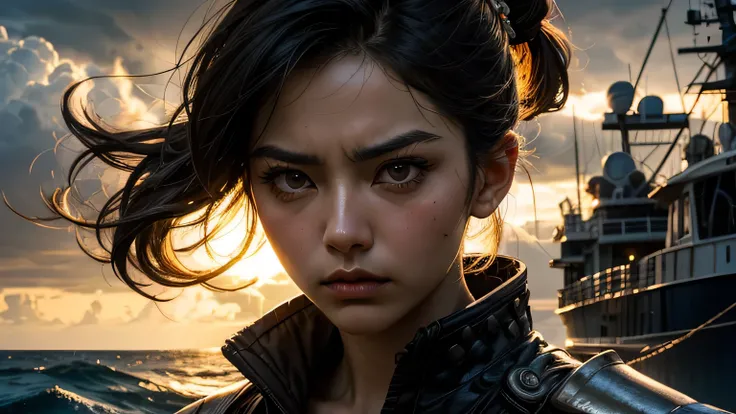 Closeup of Anna Sawai, authentic samurai armour, grim expression, ponytail, dramatic lighting with sunbeams, watching over the side of a trawler on a stormy sea  