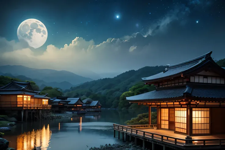  Painting「Matte painting inspired by the full moon and the Japanese house under the moonlight 」 Matte painting inspired by, Japanese art style, Japanese art, traditional Japanese art, Japan at Night, Japanese art art,   traditional Japanese painting, old J...