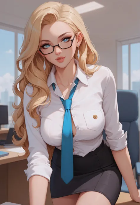 A beautiful blonde woman in her twenties. She is looking at the viewer with a soft expression. She has well-shaped lips, Azure eyes, and long blonde hair. She is wearing an office siren outfit (white button shirt, tie, and black skirt). glasses and earring...