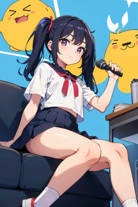  karaoke box background only dark monitor sofa table microphone２Books　Elementary school girl ８ year-old toddler flat chest black hair shorts twin tails purple smile with open pupils  （（One person）） Upper body short sleeve blouse 　  lower body navy blue min...