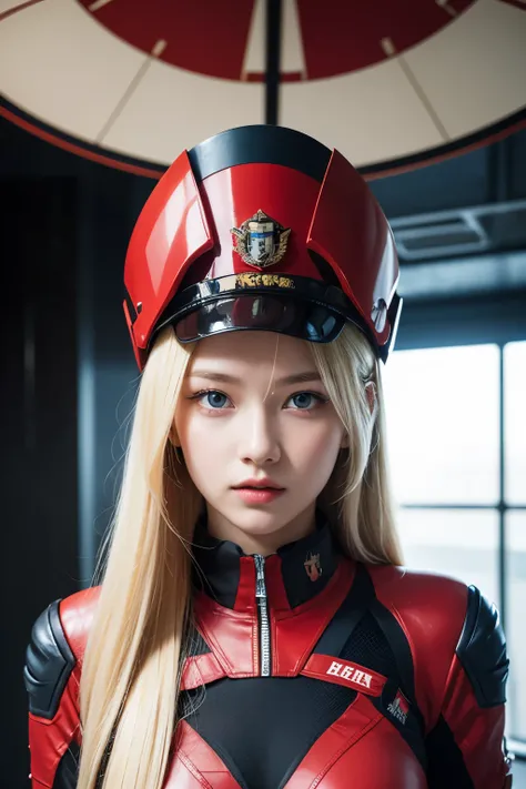 A beautiful woman. Blonde hair and blue eyes. Twenty years old. facial details. She is wearing a red combat uniform. The combat uniform has a design that reveals the lines of the body. A battle suit made of metal. A woman is inside a spaceship.